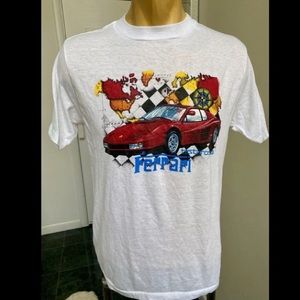 VINTAGE 1980s RED FERRARI TESTAROSSA SPORTS RACE CAR TSHIRT WHITE KNIT LARGE L